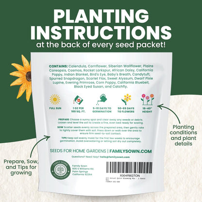 All Annual Quick Blooming Mix - 16,000 Wildflower Seeds for Planting - Large 1 Ounce Packet
