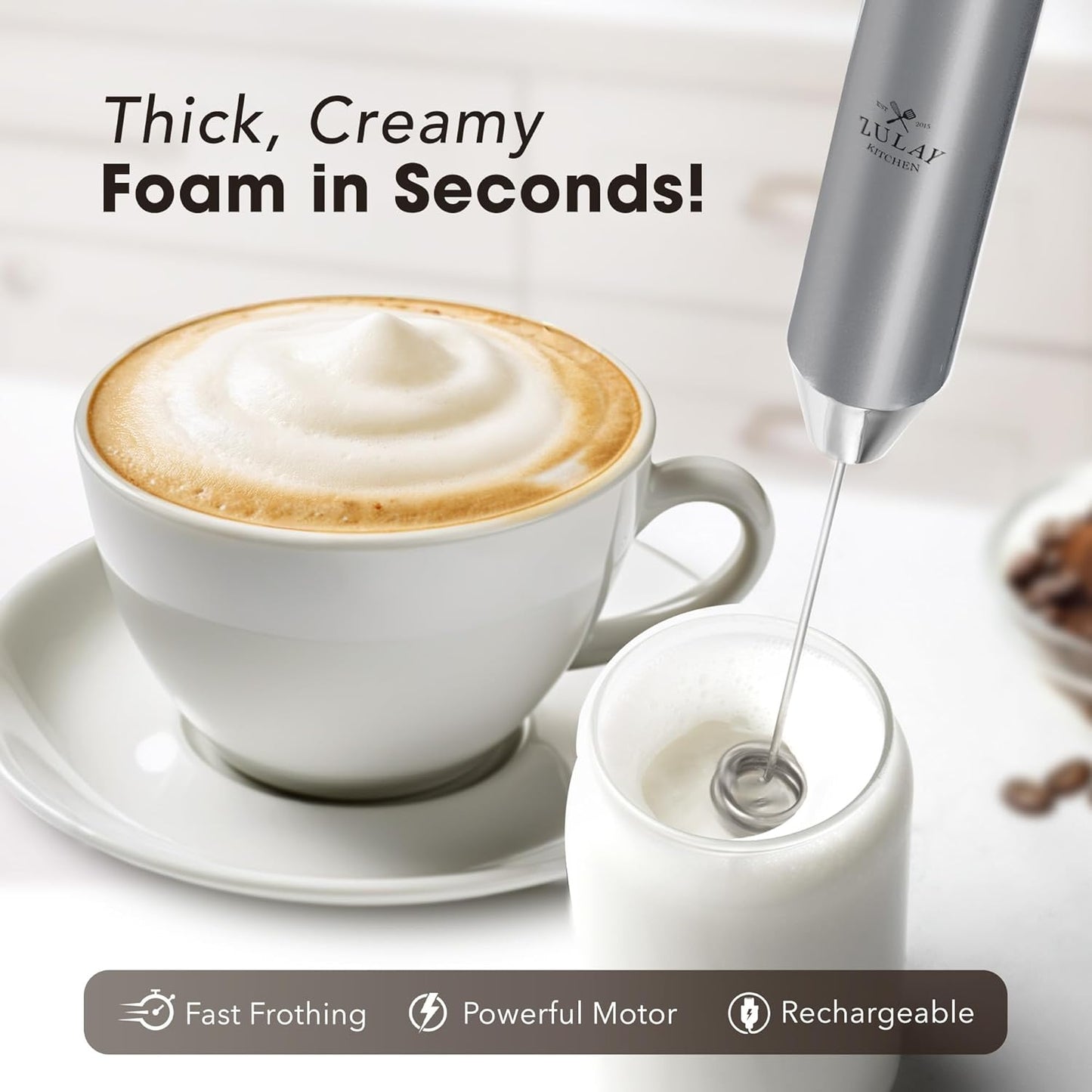 Zulay Kitchen Rechargeable Milk Frother - Powerful 2-Speed Motor, 2000mAh Battery | Silver Drink Mixer for Lattes & Cappuccinos