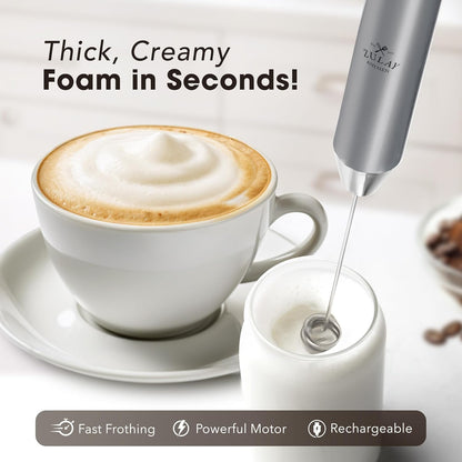 Zulay Kitchen Rechargeable Milk Frother - Powerful 2-Speed Motor, 2000mAh Battery | Silver Drink Mixer for Lattes & Cappuccinos