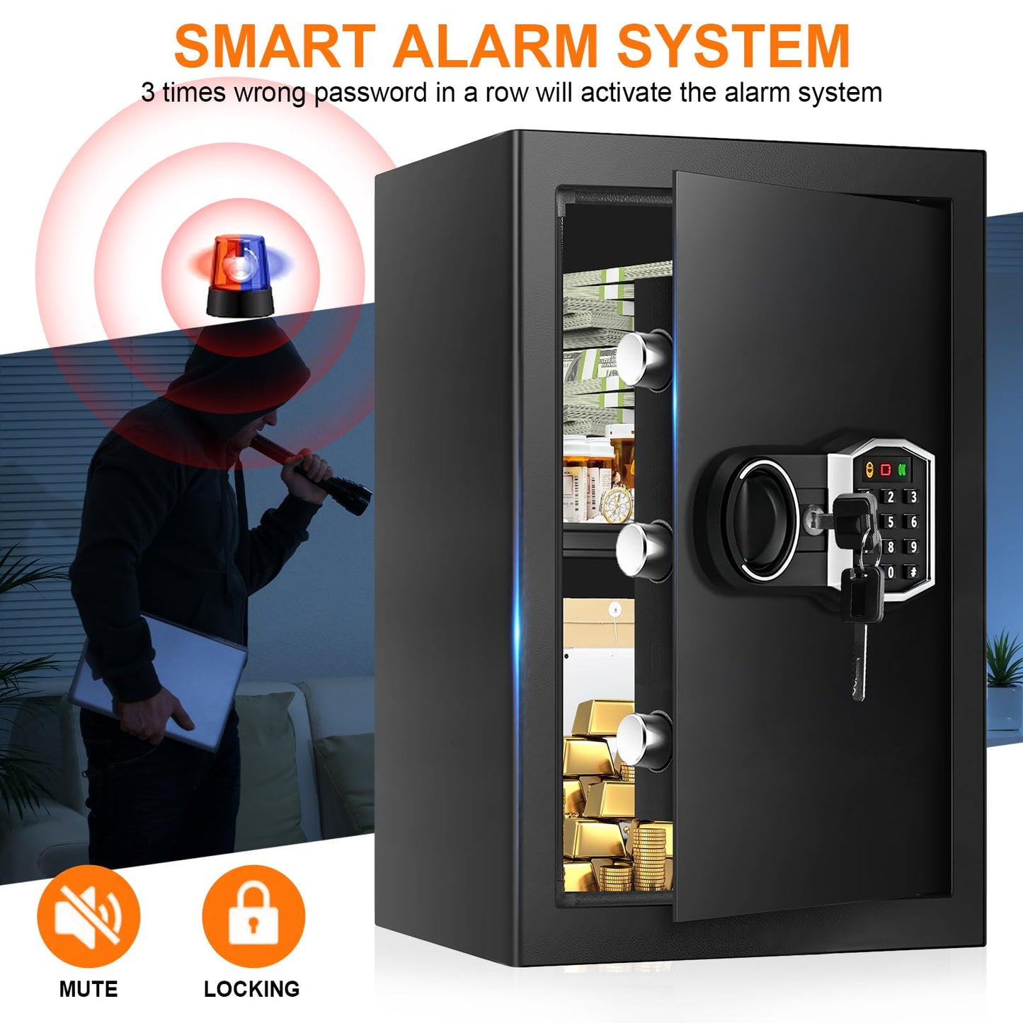 3.4 Cub Large Safes for Home, Security Fire Safe Box with Spare Keys, Alarm System, Digital Keypad and Removable Shelf, Anti-Theft Fireproof and Waterproof Safe Home for Document Medicine Valuables