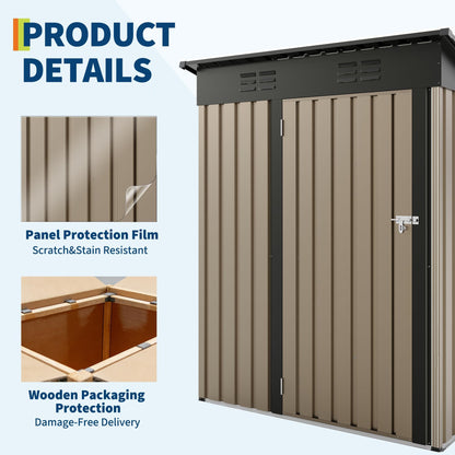 5x3Ft Outdoor Storage Shed, Metal Tool Shed with Lockable Door & Sloped Roof, Weatherproof, Compact Garden Storage Shed for Backyard, Patio, Lawn, or Tools & Equipment, Brown