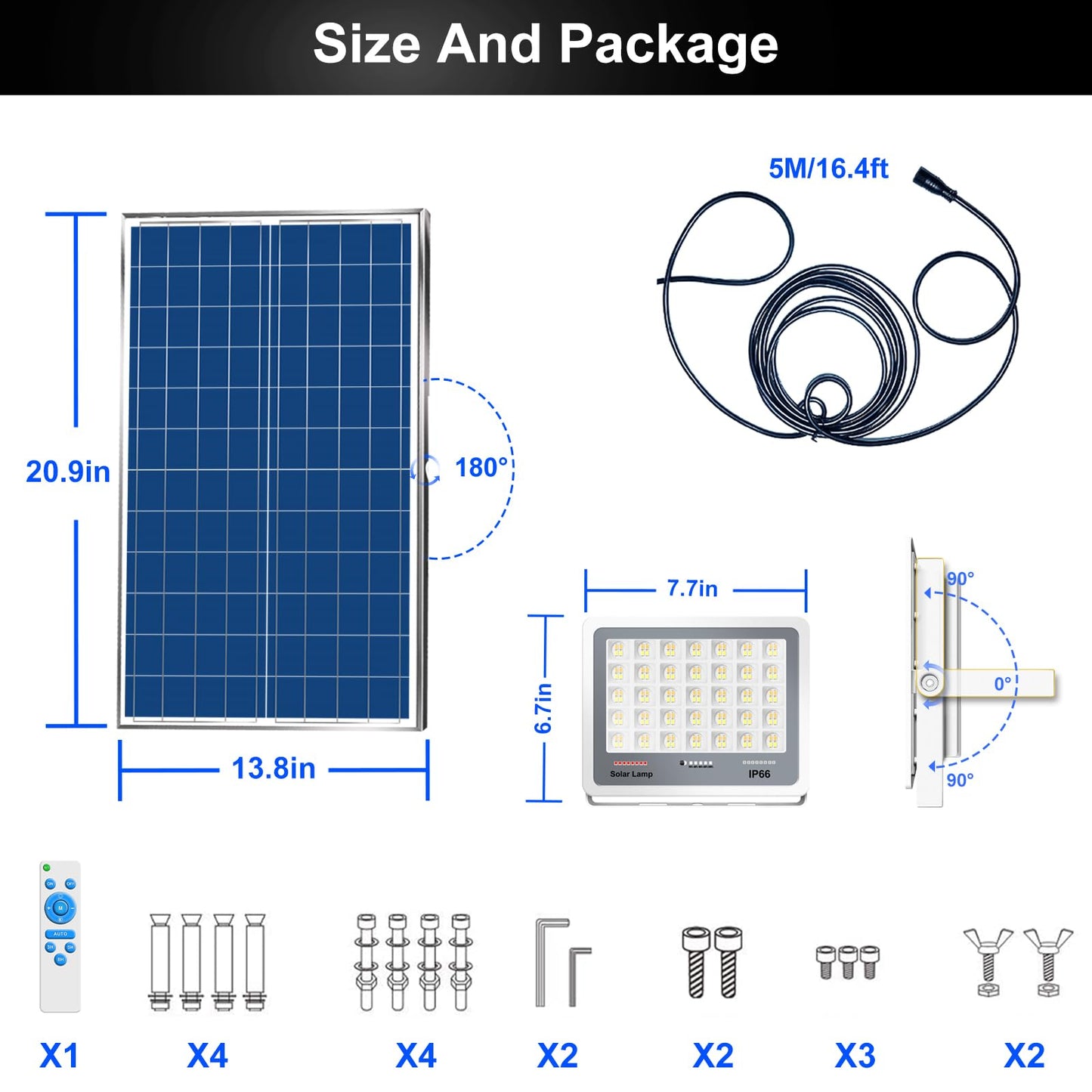 300W Solar Flood Lights Outdoor, 2-Pack 30000LM Dimmable Solar Security Lights with Remote, 3000K-7000K Color Changing, 20000mAh Battery, Dusk to Dawn, IP66 Waterproof, for Yard, Barn, Garage, Pool