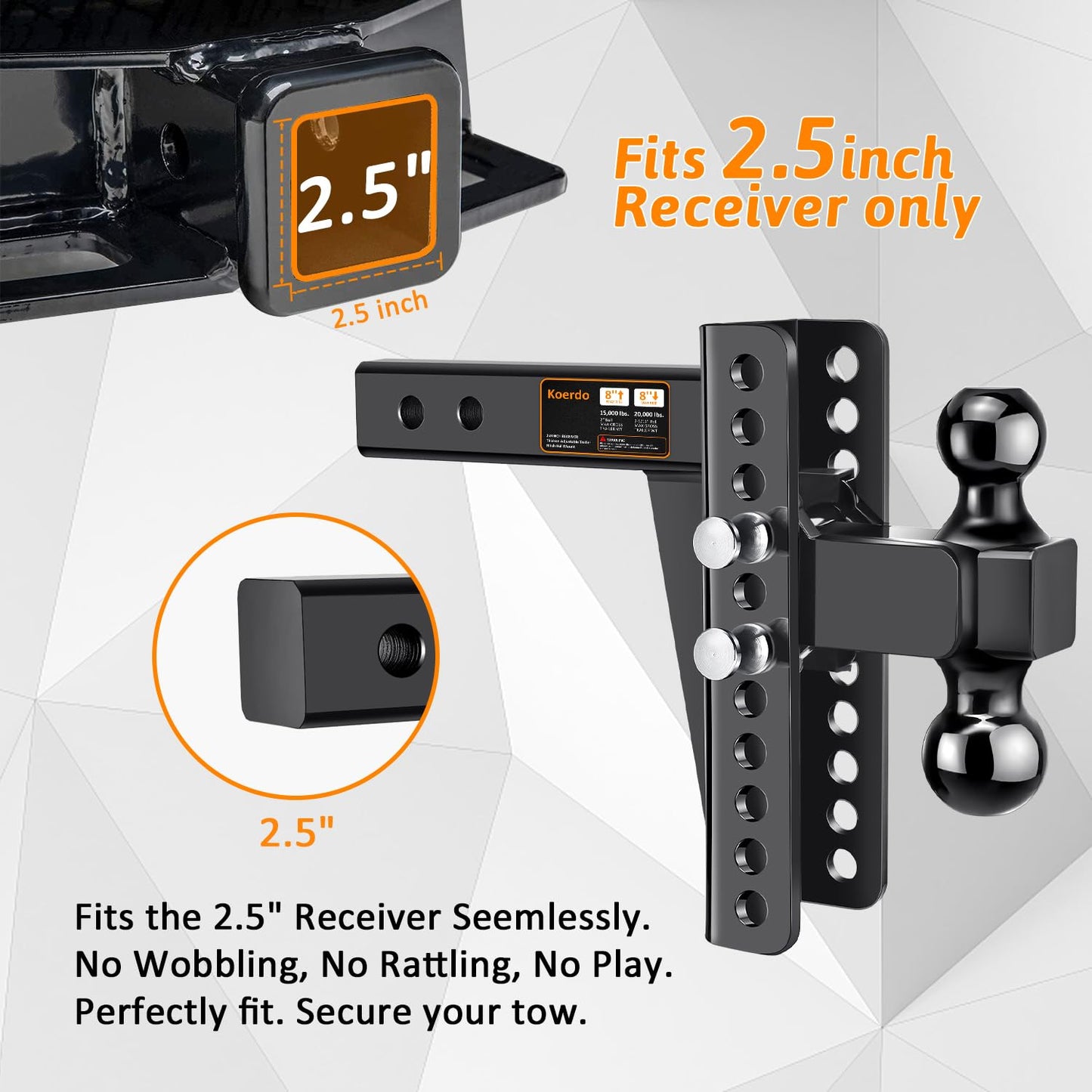 Adjustable Trailer Hitch -Drop Hitch-Tow Hitch FITS 2.5 inch Receiver-8inch Drop/Rise, 2" & 2-5/16" Ball Hitches for Trucks, 22,000 LBS GTW, Trailer Hitches with Anti-Theft Pin, Black