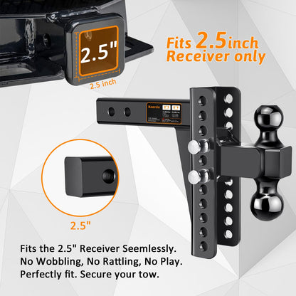 Adjustable Trailer Hitch -Drop Hitch-Tow Hitch FITS 2.5 inch Receiver-8inch Drop/Rise, 2" & 2-5/16" Ball Hitches for Trucks, 22,000 LBS GTW, Trailer Hitches with Anti-Theft Pin, Black