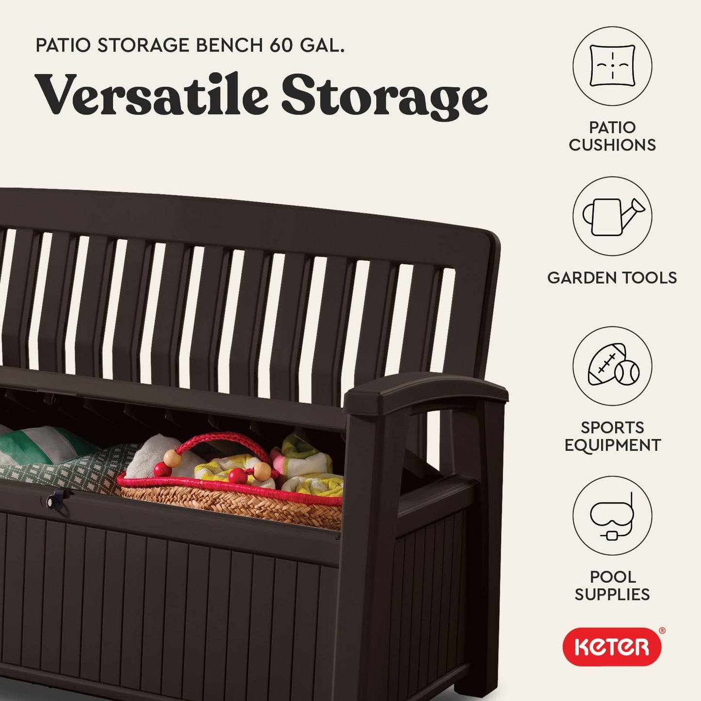 Keter 60 Gallon Storage Bench Deck Box for Patio Furniture, Front Porch Decor and Outdoor Seating – Perfect to Store Garden Tools