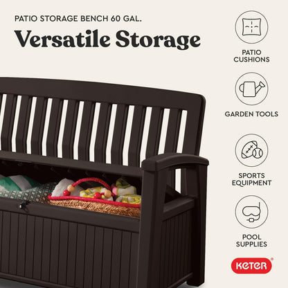 Keter 60 Gallon Storage Bench Deck Box for Patio Furniture, Front Porch Decor and Outdoor Seating – Perfect to Store Garden Tools