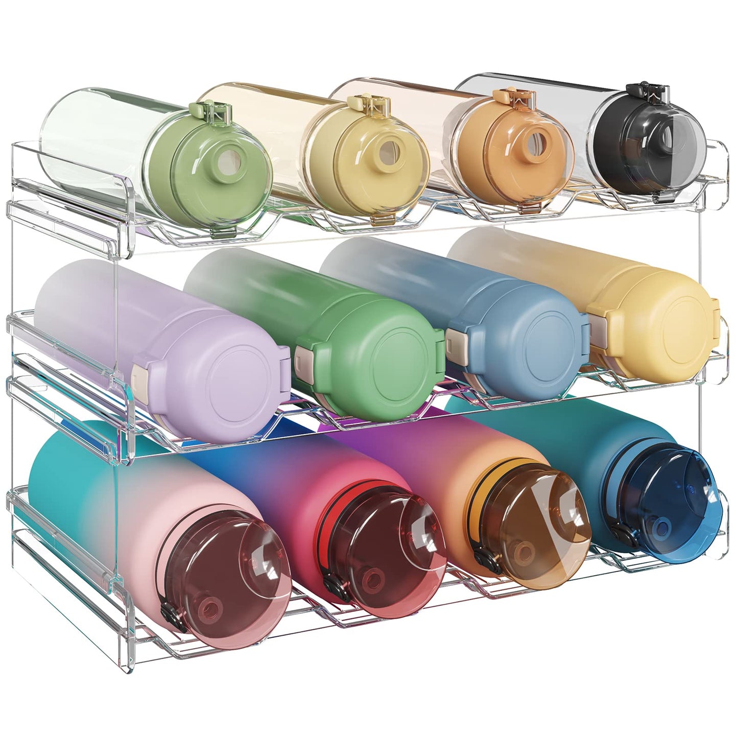Lifewit Stackable Water Bottle Organizer for Cabinet, Plastic Bottle Holder Fits Bottles & Tumblers up to 3.8" Diameter, Pantry, Countertop & Fridge, 2 Tier Holds 8 Bottles
