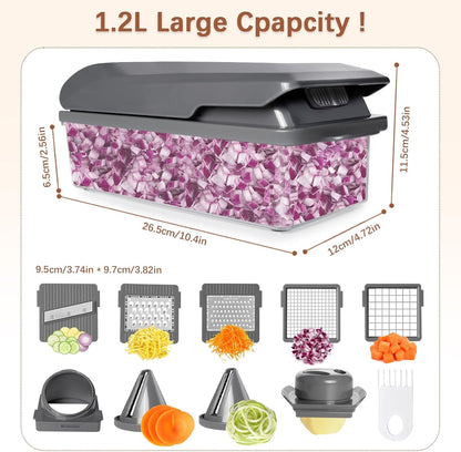 LHS Professional Vegetable Chopper - 11-in-1 Multifunctional Food Slicer with Storage Containers | Grey