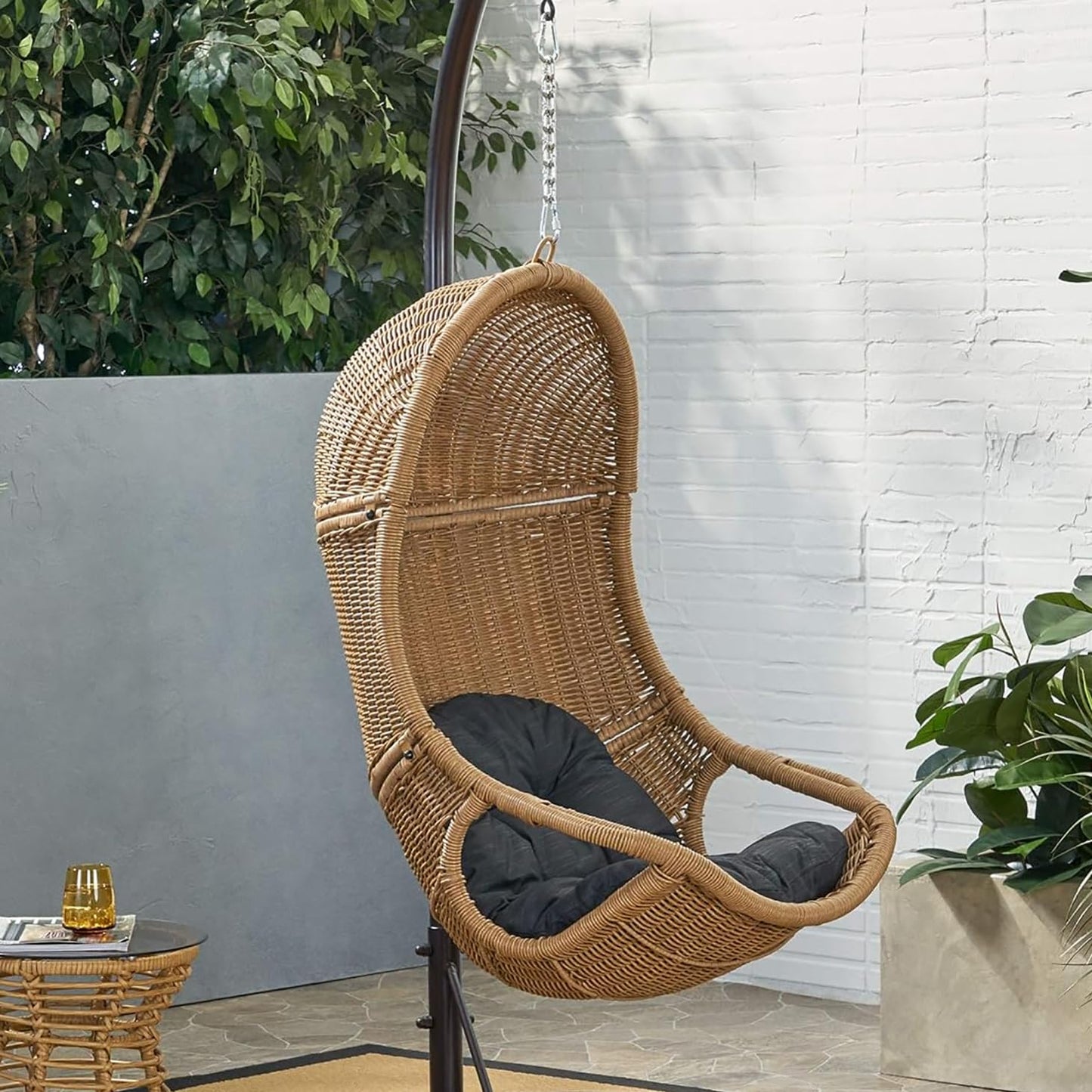 Christopher Knight Home Mariaz Hanging Basket Chair with Cushion, Outdoor Indoor Basket Chair, Boho Garden Rattan Lounger Porch Swing Furniture, Modern Patio Decor, Brown+Gray