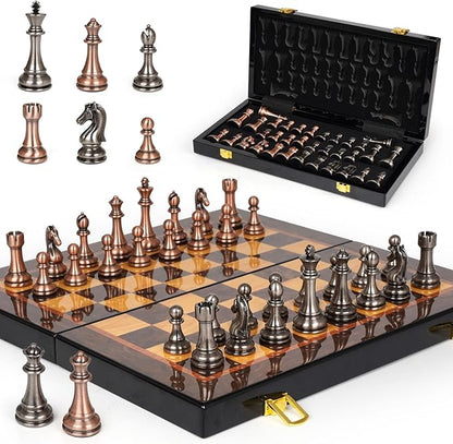 Luxury Metal Chess Set with 15 Inch Wooden Chess Board | Weighted Metal Chess Pieces | 2 Extra Queens | Professional &amp Tournament Style Chess Set for Adults | Elegant Game Room &amp Office Decor