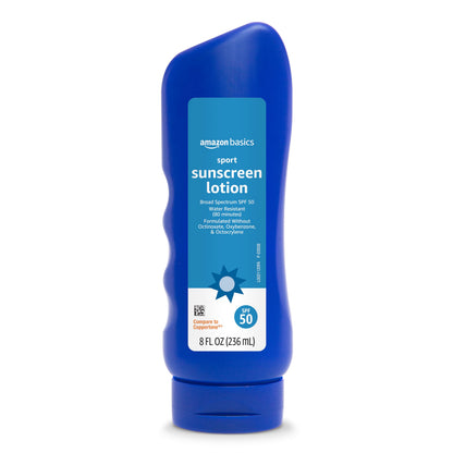 Amazon Brand - Solimo Sport Sunscreen Lotion, SPF 50, Reef Friendly (Octinoxate & Oxybenzone Free), Broad Spectrum UVA/UVB Protection, 8 Fluid Ounce