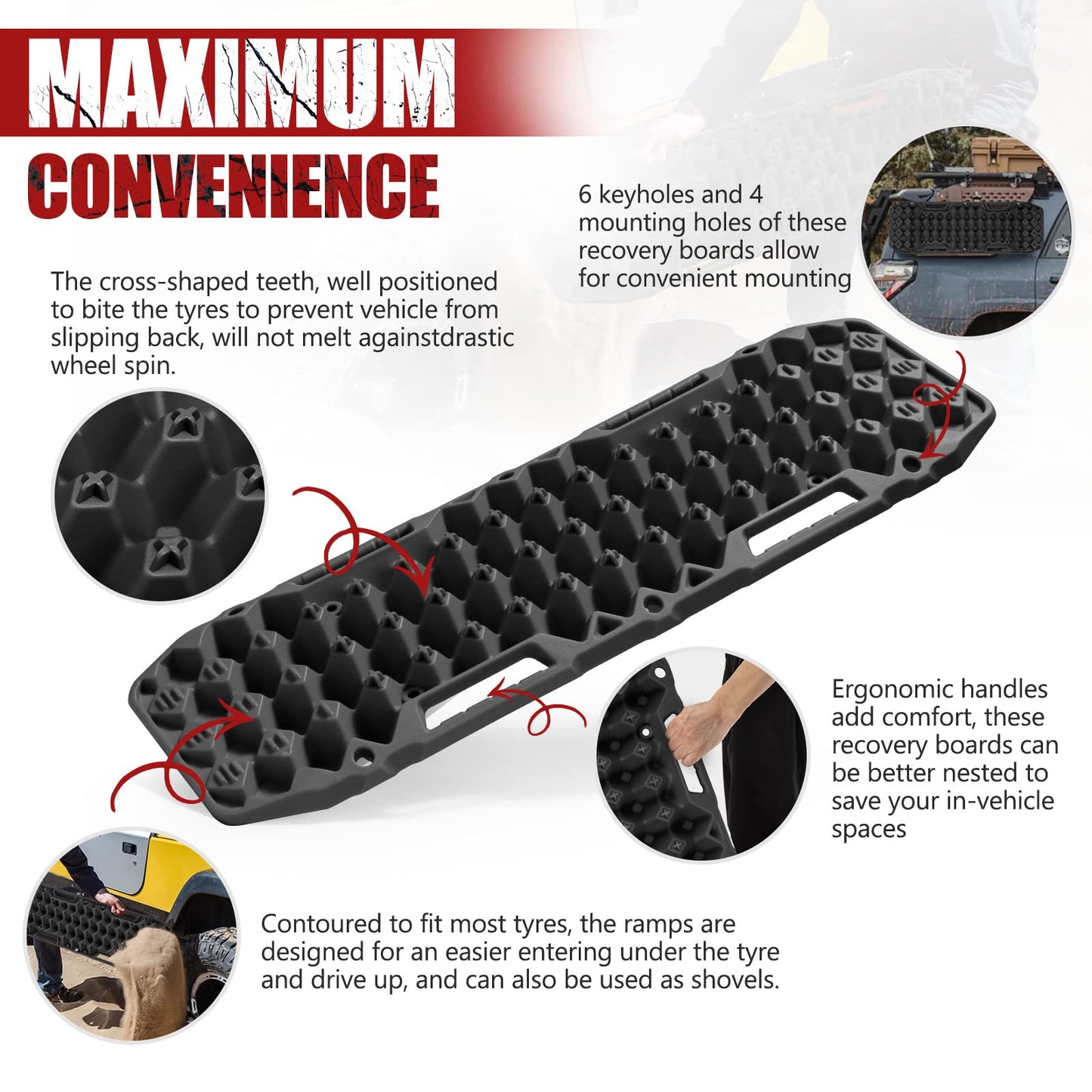 BUNKER INDUST 2 Pcs Traction Boards Black + 3" x 20ft Recovery Straps + Pair 3/4 D Ring Shackles + Bag