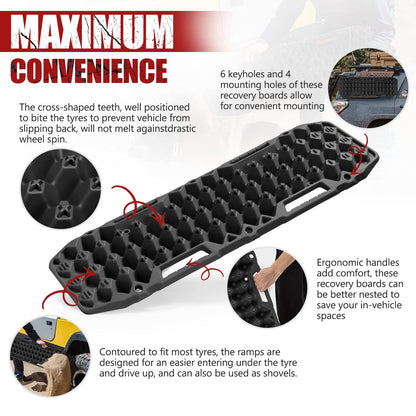 BUNKER INDUST 2 Pcs Traction Boards Black + 3" x 20ft Recovery Straps + Pair 3/4 D Ring Shackles + Bag