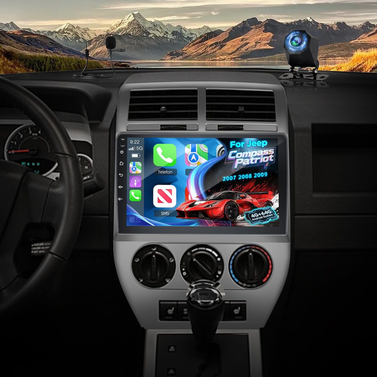4G+64G Volxcereo Car Radio for Jeep Compass Patriot 2007 2008 2009, 10.1 inch Android Touchscreen Compass Stereo with Carplay/Android Auto, GPS Navigation, WiFi, Bluetooth, SWC, FM/RDS
