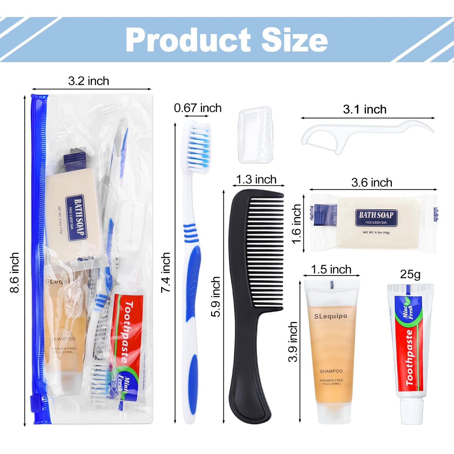 SLequipo Pack of 100 Hygiene Kit, Hygiene Kit Bulk, Individually Packed, Travel Hygiene Kit with Toothbrush, Toothpaste, Comb, Shampoo, Soap and Floss Picks, Home, Suitable for Hotel, Camping, Travel