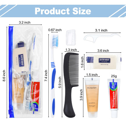 SLequipo Pack of 100 Hygiene Kit, Hygiene Kit Bulk, Individually Packed, Travel Hygiene Kit with Toothbrush, Toothpaste, Comb, Shampoo, Soap and Floss Picks, Home, Suitable for Hotel, Camping, Travel