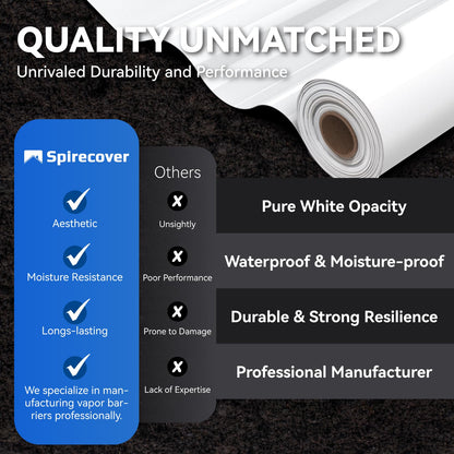 Spirecover Crawl Space Vapor Barrier - 14 Mil White Vapor Barrier, 10' x 100', Heavy Duty Polyethylene Film, Thick Plastic Sheeting, Plastic Drop Cloth Covering for Crawl Space, Basement