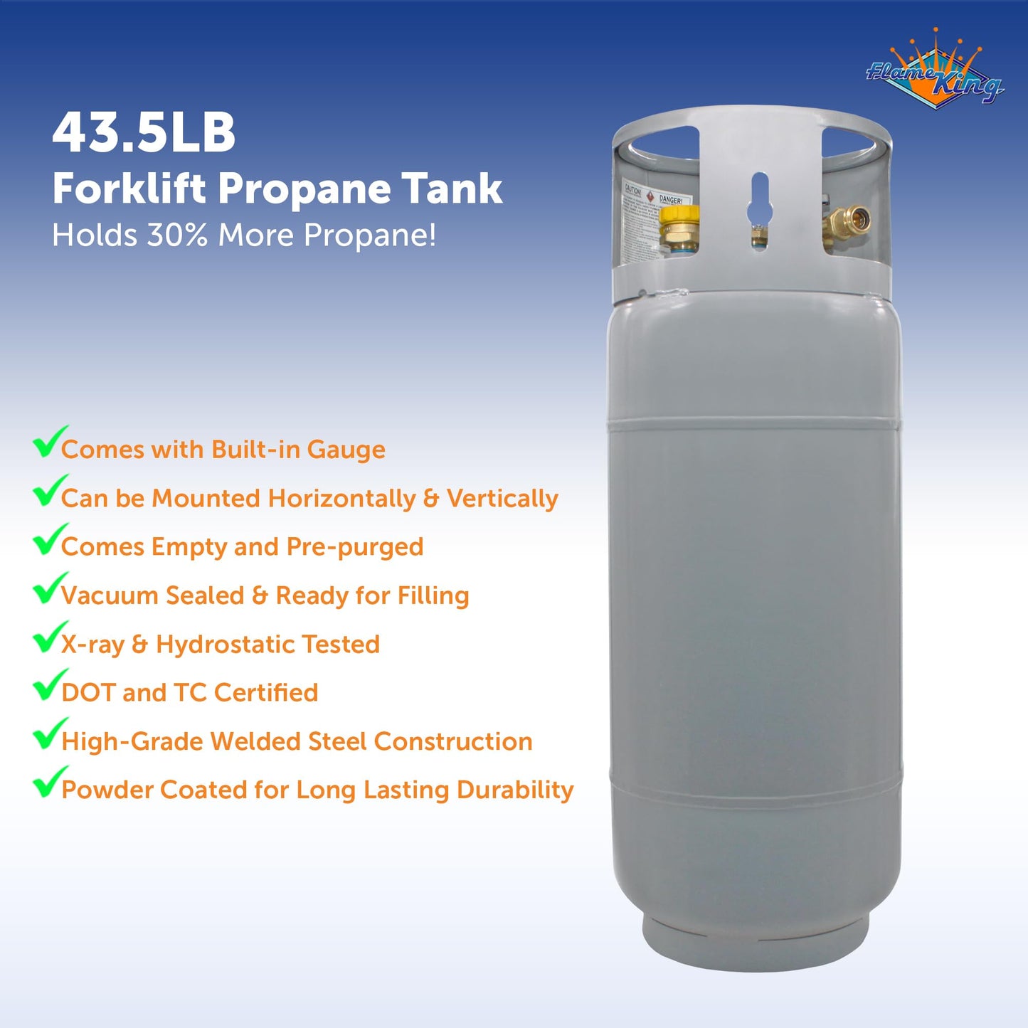 Flame King 43.5LB Steel Forklift Propane Tank with Gauge, DOT and TC Compliant, Rugged-Designed, Larger Than Standard Forklift Tanks