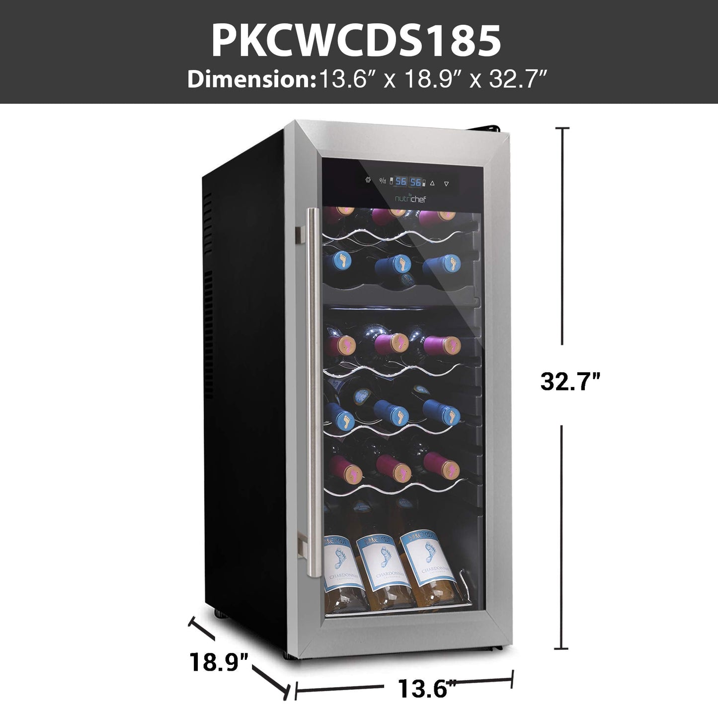 NutriChef 18 Bottle Wine Fridge | Dual Zone Wine Chiller | Adjustable Temperature 41°F to 64°F | Ultra Quiet Operation | Wine Cooler For Home & Office | Free Standing 32x13x19 IN | Black