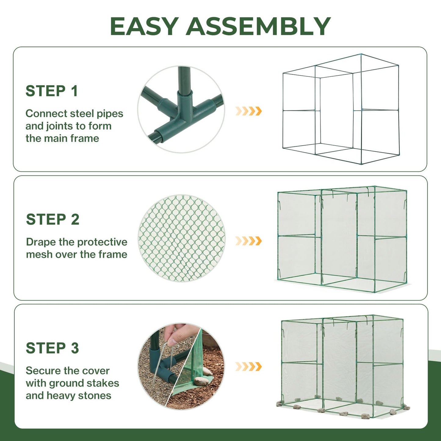 Aoodor 8x4x6 FT Crop Cage, Plant Protection Tent with Heavy Duty Steel Frame and Zippered Doors, Green Netting Cover for Garden, Lawn, Yard