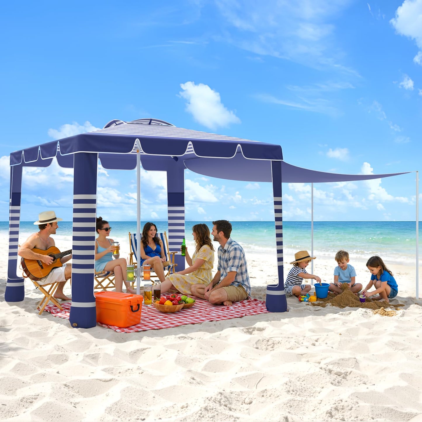 MoKo Beach Cabana,120 Sq. Ft. Large Beach Canopy Tent Sun Shade, UPF 50+ Protection Easy Setup Beach Tent, Adjustable Height Wind Resistant Cabana Sun Shelter for Whole Family, Navy Stripes
