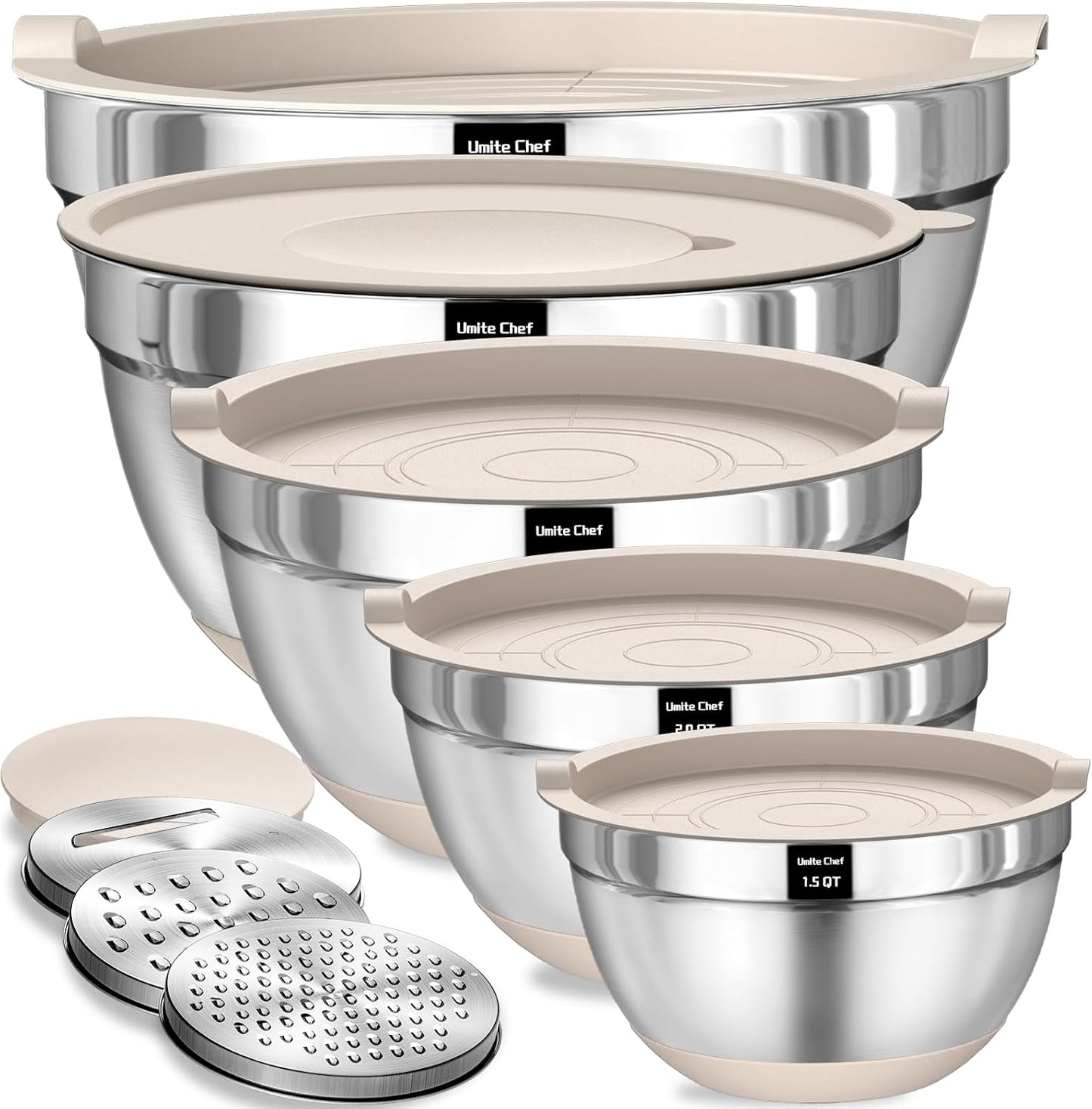 Umite Chef Mixing Bowls Set - 8PCS Stainless Steel Nesting Bowls with Airtight Lids & Grater | Khaki, Non-Slip Bottoms, 1.5QT to 5QT