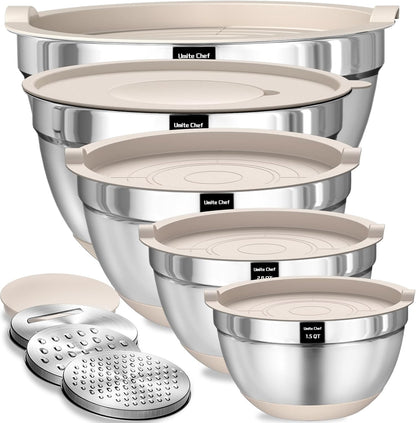 Umite Chef Mixing Bowls Set - 8PCS Stainless Steel Nesting Bowls with Airtight Lids & Grater | Khaki, Non-Slip Bottoms, 1.5QT to 5QT