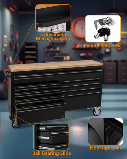 61" Rolling Tool Chest with 9 Drawers - Heavy-Duty Steel & Rubber Wood Workbench on Wheels, Garage Workbench with Key Locking System, Drawer Liners for Warehouse Repair Shop, Matte Black