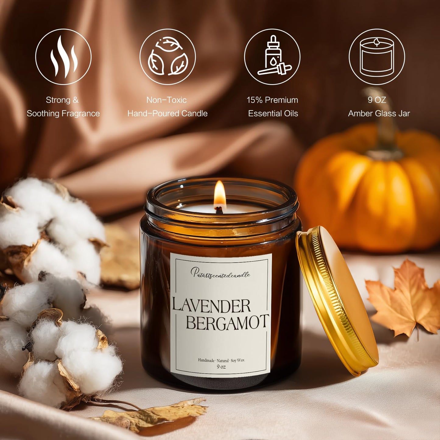 Putart Lavender & Bergamot Scented Candles for Home, Natural Soy Wax Aromatherapy Non Toxic Candle Gifts for Women Men, Home Fragrance Decoration Glass Jar Candle for Meditation and Relaxation (9oz