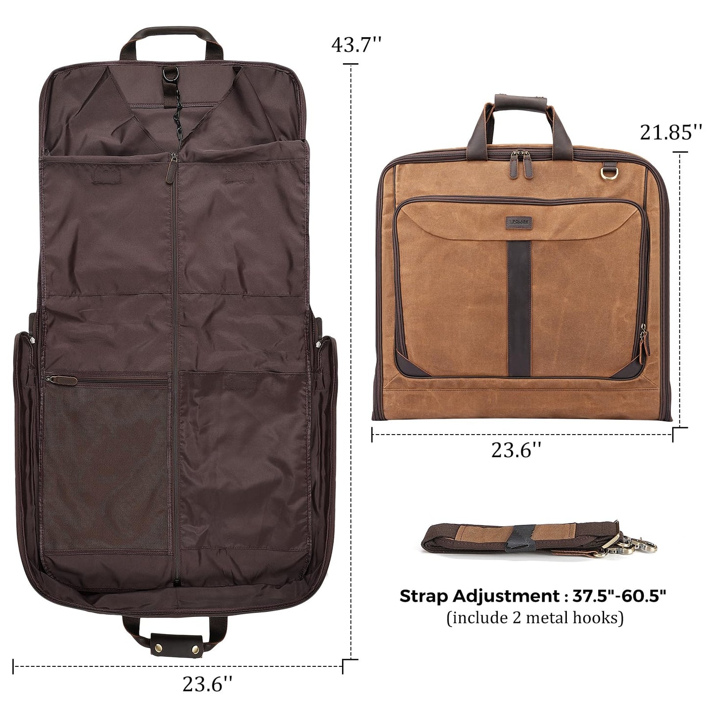 Polare Waxed Canvas Full Grain Leather Trim Garment Carry on Bag for Business Travel, Waterproof Hanging Suit Luggage Bag Wrinkle-Free Suit Cover with YKK Zipper and Shoulder Strap