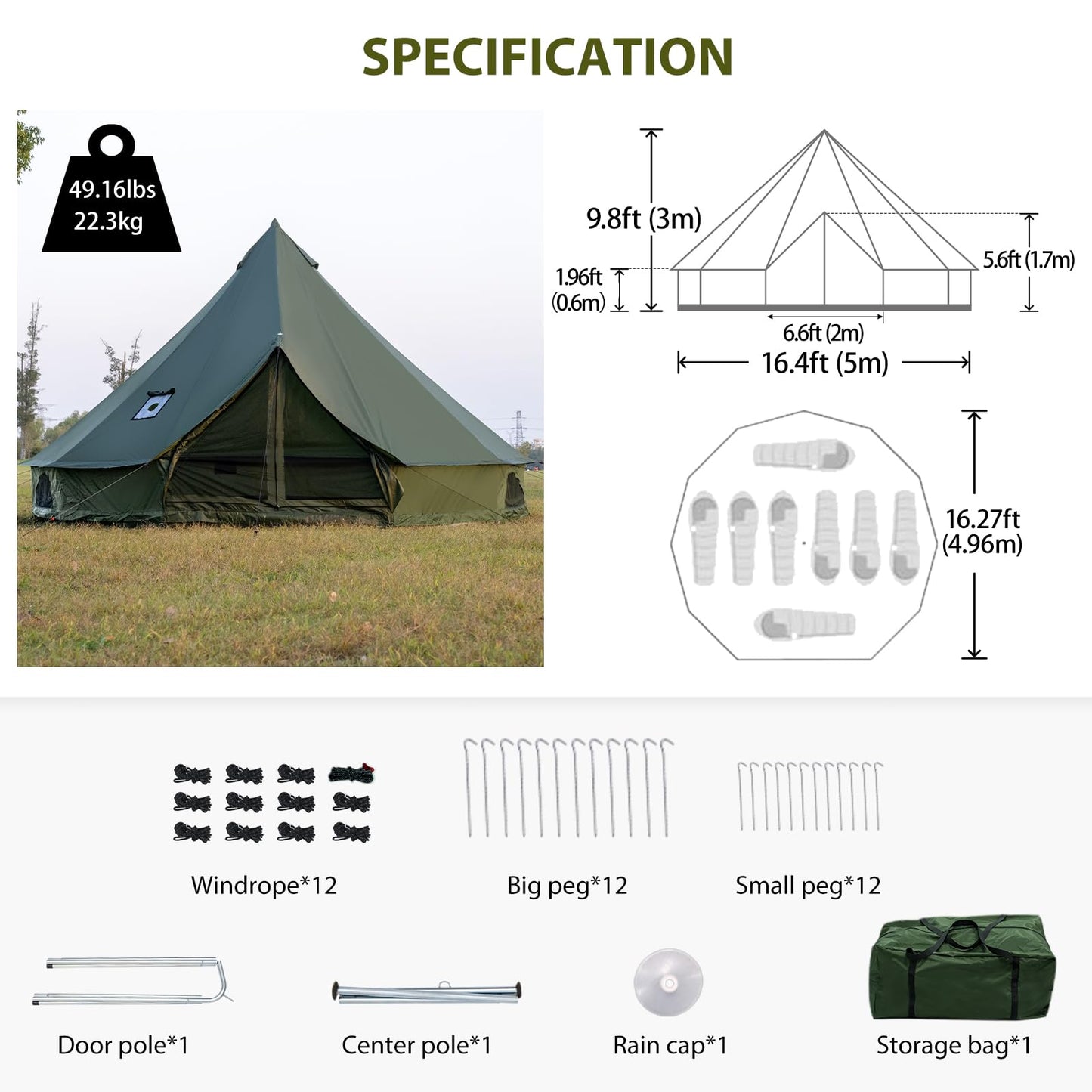 Bell Tent with Stove Jack, Spacious 16.4ft Family Glamping Yurt, 6-8 Person, 4 Season, Easy Setup, Waterproof, Ventilated Outdoor Shelter(16.4ft(Green))