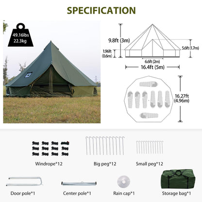 Bell Tent with Stove Jack, Spacious 16.4ft Family Glamping Yurt, 6-8 Person, 4 Season, Easy Setup, Waterproof, Ventilated Outdoor Shelter(16.4ft(Green))