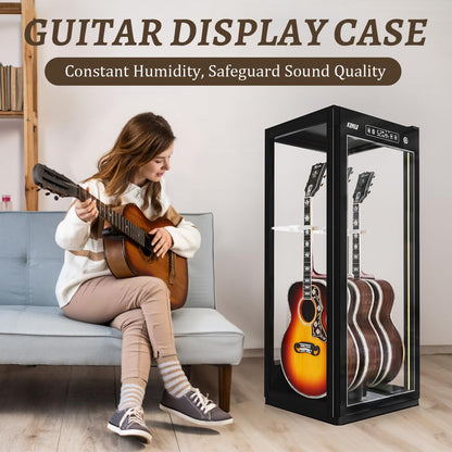 Guitar Display Case with Humidification & Constant Temperature, Smart Touch Control & Fingerprint Lock, Adjustable Racks for 3 Acoustic/4 Electric,GuitarsTransparent Cabinet (Four-sided glass)