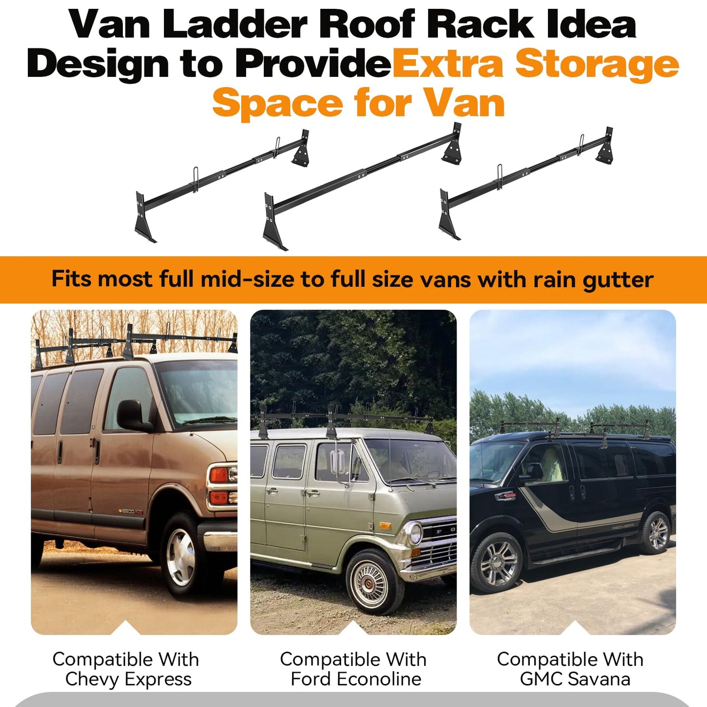 Colinktool Adjustable Van Ladder Roof Racks, Universal Roof Ladder Rack, Fit Chevy Express Fullsize Van 1996-Up,Suitable for Vans with Rain Gutter-3Pack Load Capatity 800LBs