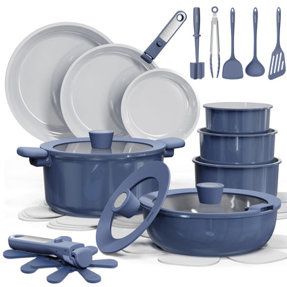 CAROTE 27pcs Ceramic Cookware Set Nonstick, Pots and Pans Set Non Stick, Non Toxic Cookware Detachable Handles, Dishwasher/Oven Safe, RV/Camping Cookware with Kitchen Utensils, Blue