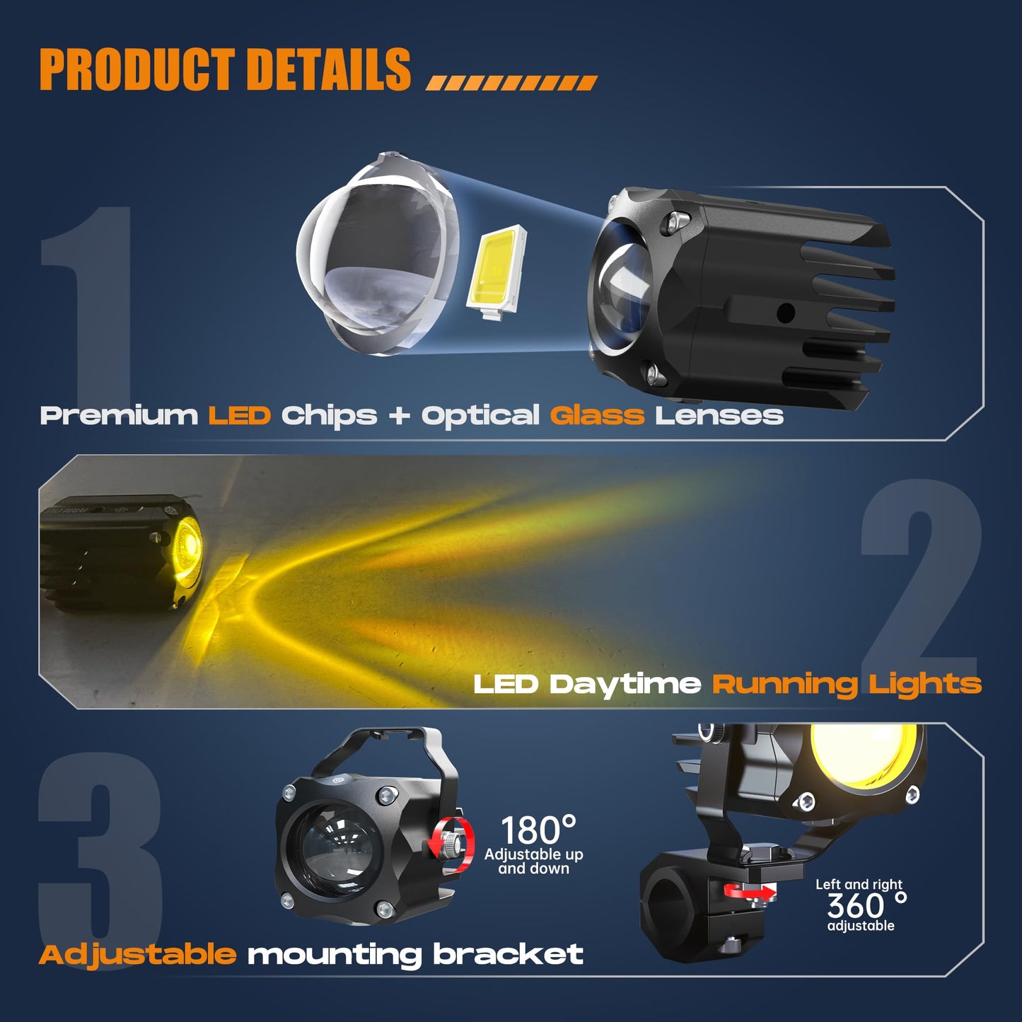 Future Eyes Motorcycle Fog Lights LED Kit, 60W White/Amber Driving Lights with High/Low Beam, CNC Aluminum Waterproof Auxiliary Light, Spot Headlight for Night Riding