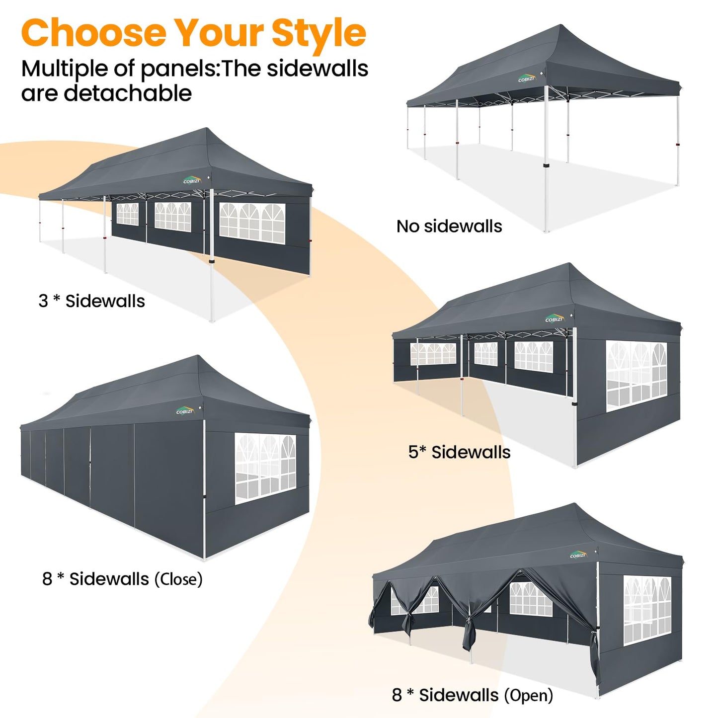 COBIZI 10x30 Pop up Canopy with Roller Bag & 8 Removable Sidewalls, Canopy Tent for Parties, Wedding, and Commercials, Waterproof and Instant Shelter UV50+ Outdoor Gazebo with 4 Sandbags(Gray)
