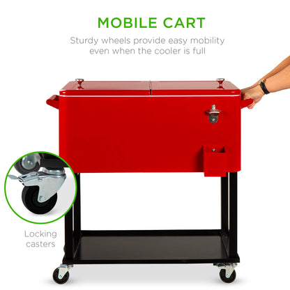 Best Choice Products 80-Quart Outdoor Steel Rolling Cooler Cart w/Ice Chest, Bottle Opener, Catch Tray, Drain Plug, Locking Wheels - Red
