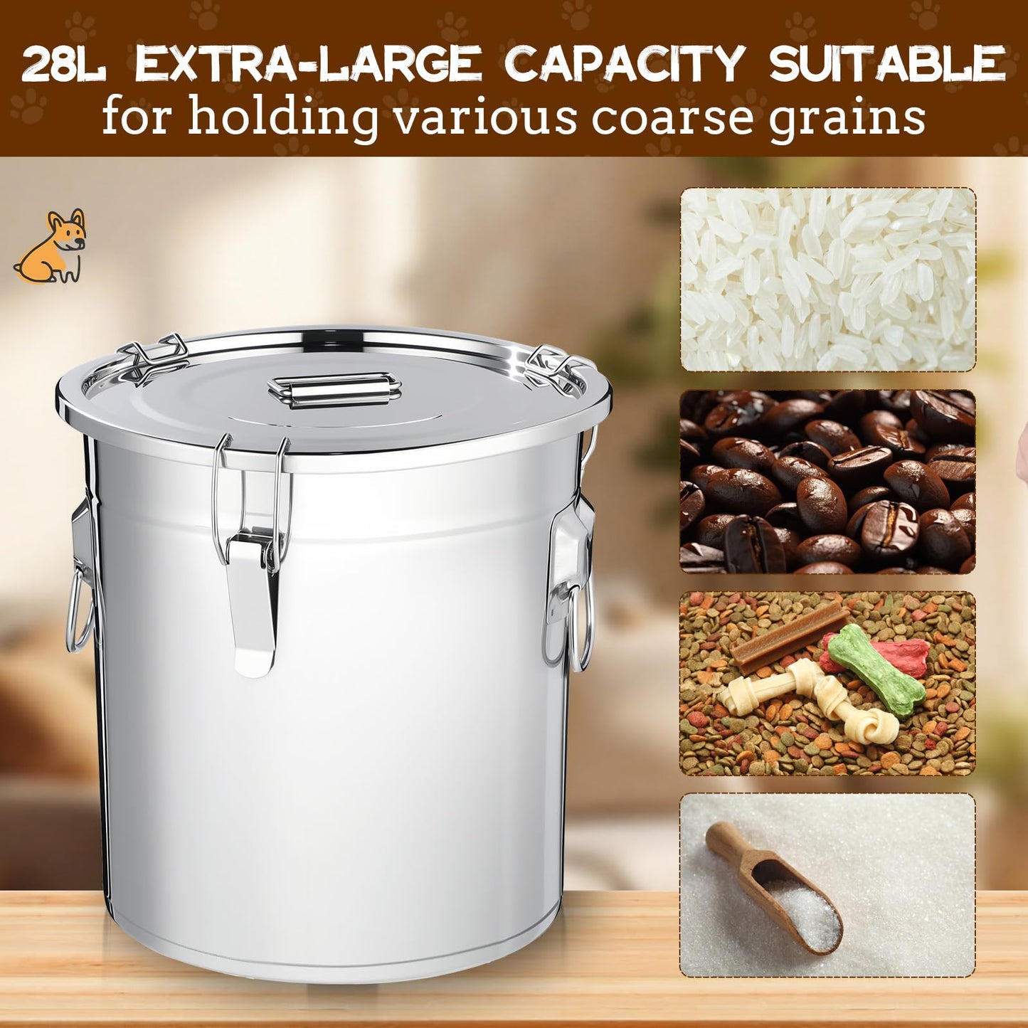 Lounsweer 2 Pack 8.9 Gal Stainless Steel Dog Food Storage Container with Lid and Locking Clamp 33 L Metal Airtight Container Large Stainless Steel Bucket with Food Scoop for Pet Feed