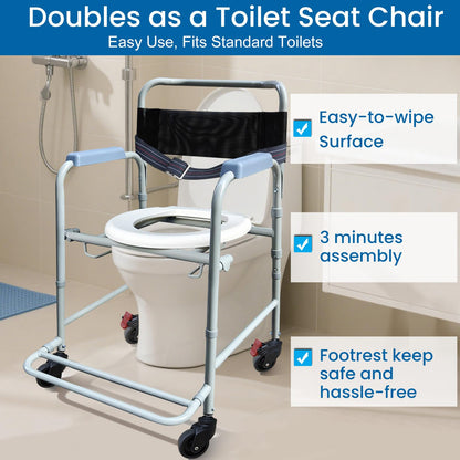 Aliseniors 3-in-1 Shower Chair with Wheels, Portable Bedside Commode & Toilet Safety Rail, Rust-Proof Rolling Commode for Elderly & Disabled, Fits Narrow Bathroom Doors, Waterproof, 250 lbs Capacity