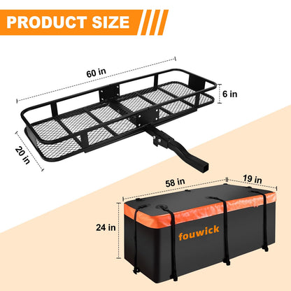 60x 20x 6 Folding Trailer Hitch Mount Cargo Carrier with 58x24x19 Waterproof Bag, Stabilizer, Net & Straps 500LBS Capacity, Powder Coating Luggage Rack Basket Car Storage, Fits 2" Receiver