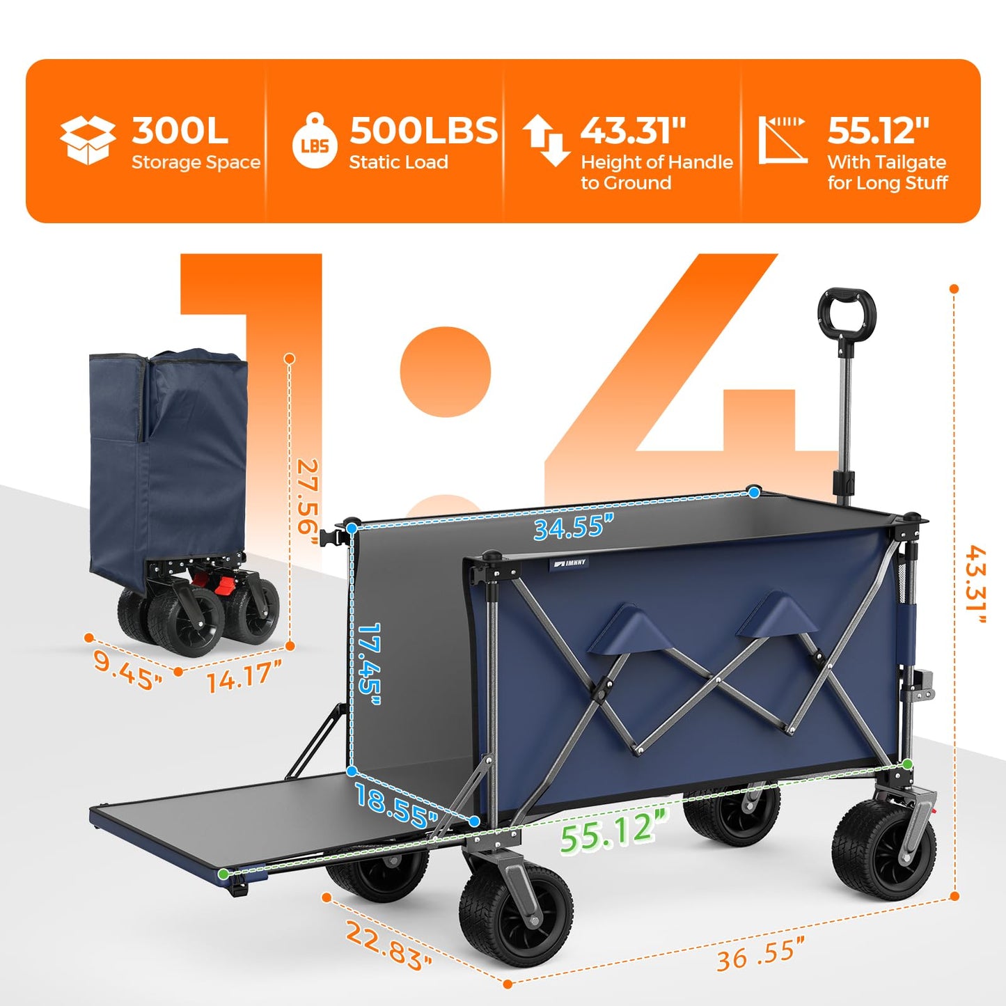 Aimnny 55" Collapsible Wagon with Tailgate & Brakes - 500LBS Heavy Duty Multi-Terrain Cart, 300L Foldable Utility Wagon with Cup Holders & Side Pockets for Beach Sand Camping Sports Shopping (Blue)
