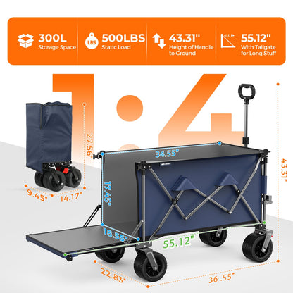 Aimnny 55" Collapsible Wagon with Tailgate & Brakes - 500LBS Heavy Duty Multi-Terrain Cart, 300L Foldable Utility Wagon with Cup Holders & Side Pockets for Beach Sand Camping Sports Shopping (Blue)