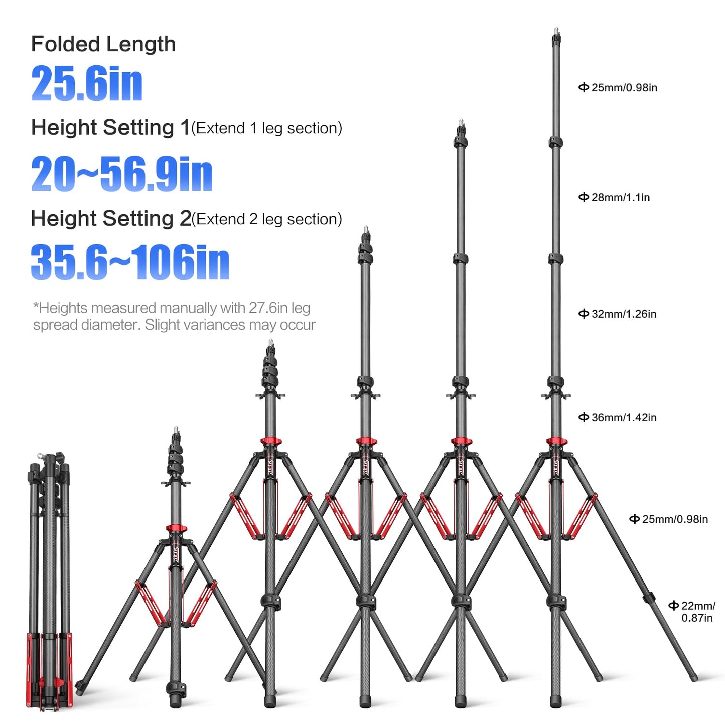FreeSea Carbon Fiber Light Stand Photography - 1.4in Oversized Tubes Heavy Duty Stand, 106in Tall Tripod with Flip-Lock & Gas Spring, Holds Softboxes/Ring Lights up to 5KG