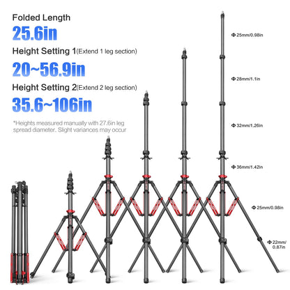 FreeSea Carbon Fiber Light Stand Photography - 1.4in Oversized Tubes Heavy Duty Stand, 106in Tall Tripod with Flip-Lock & Gas Spring, Holds Softboxes/Ring Lights up to 5KG