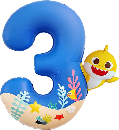 **PartyWoo Baby Shark Number 3 Balloon - 40 Inch Blue Mylar Helium Decoration for Kids' Birthday**