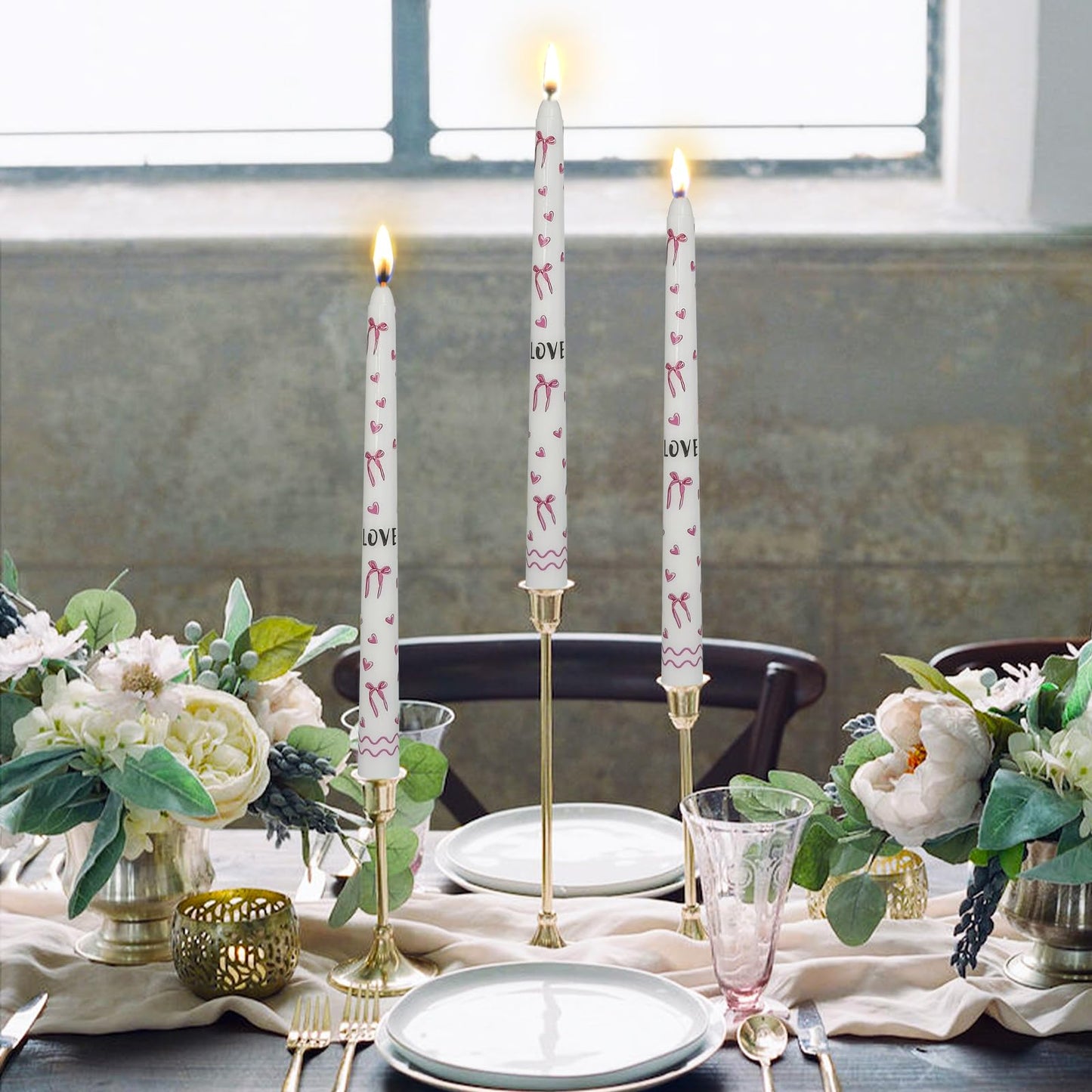 Pink Bow Heart Taper Candles -2 Pcs Unscented 10 Inches Long Candlesticks Flower Print Tapered Candle for Home Party Wedding Restaurant Holiday Decor