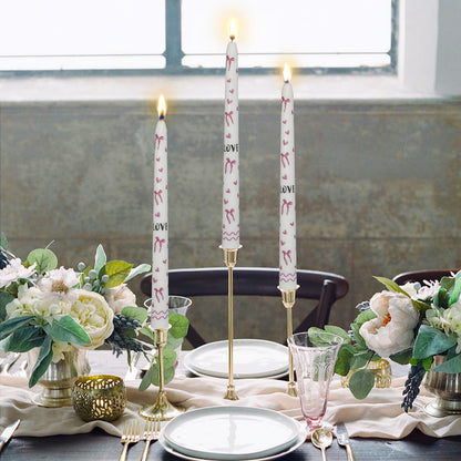 Pink Bow Heart Taper Candles -2 Pcs Unscented 10 Inches Long Candlesticks Flower Print Tapered Candle for Home Party Wedding Restaurant Holiday Decor