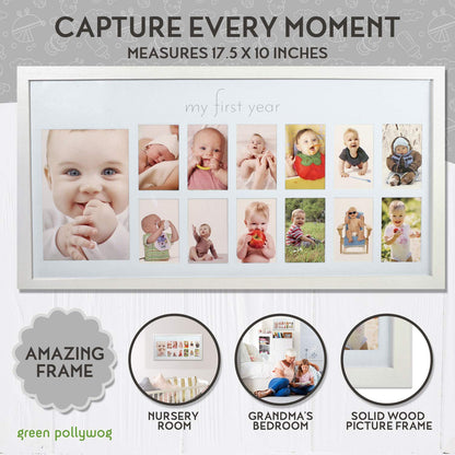 Green Pollywog | Baby's First Year Frame | Collage Frame For Baby In White | 12 Month Picture Frame | Milestone Photos | First Year Picture Mat | My First Year Photographs