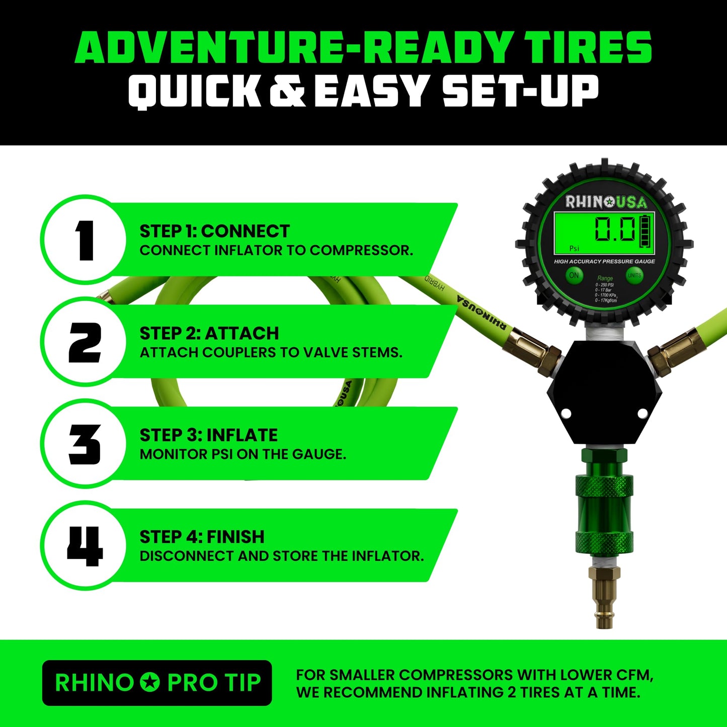 Rhino USA 4 Tire Inflation/Deflation System - Fits up to 155" Wheelbase - Ultra Fast 4 Way Tire Inflator Hose Kit for Truck, Car, Trailers & Motorcycles - Improved Design With On/Off Slide Valve